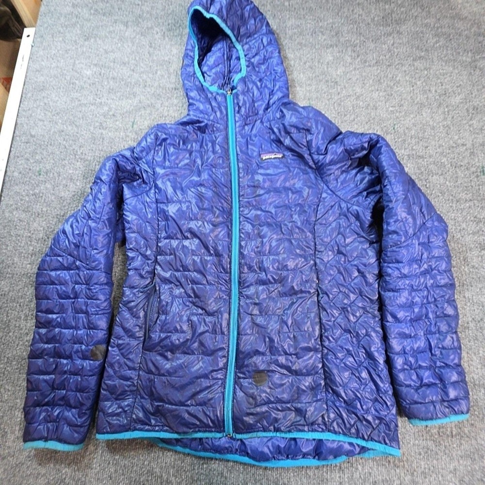Patagonia Nano Puff Jacket Womens M Blue Hooded Insulated Full Zip Hiking Warm